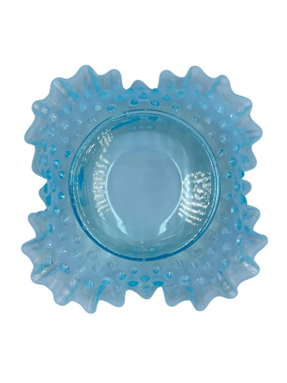 Vintage Fenton Blue Opalescent Hobnail Ruffled Fan Vase & Bon Bon Dish